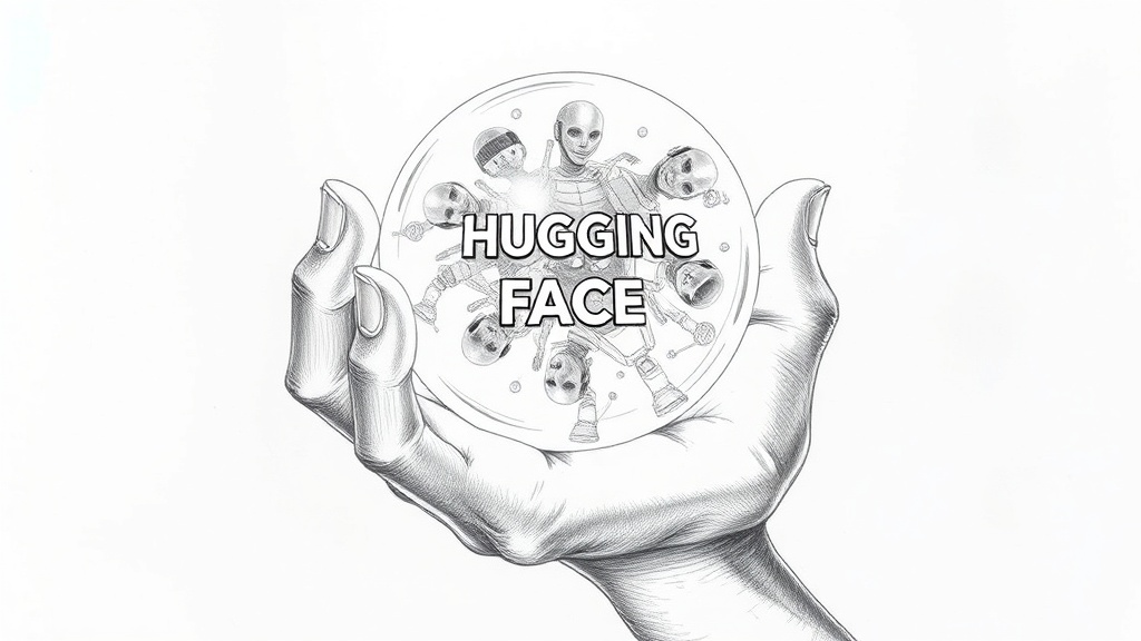 рука держит светящийся Hugging Face