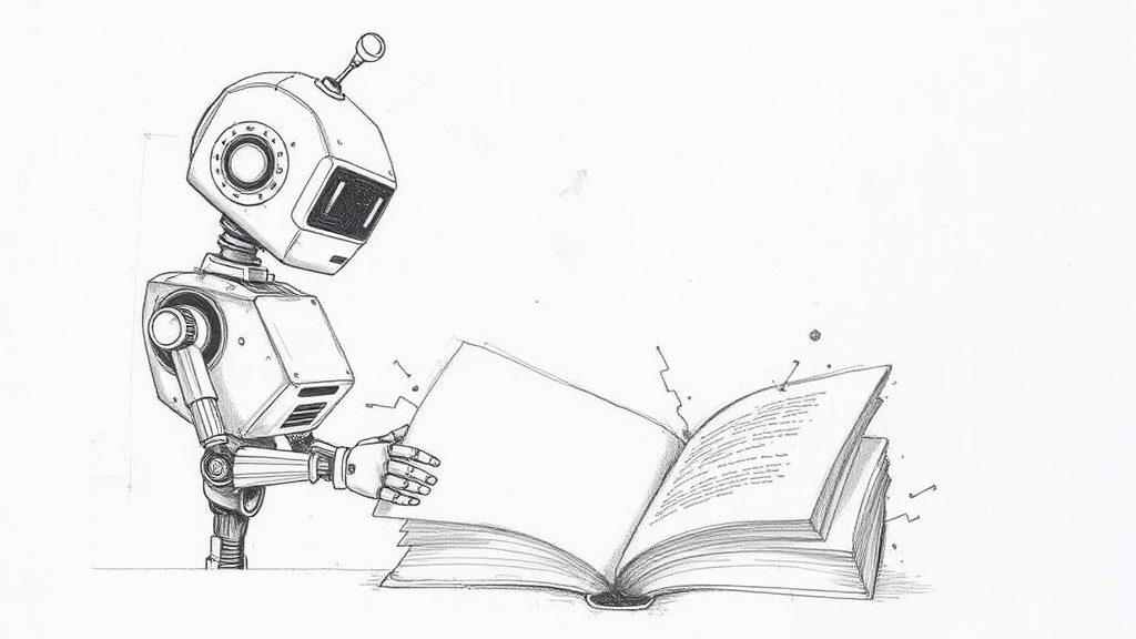 робот-библиотекарь читает книгу с пропущенными страницами