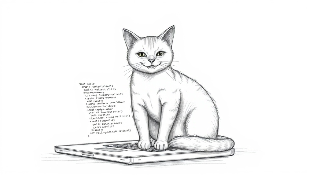 кот на ноутбуке и код