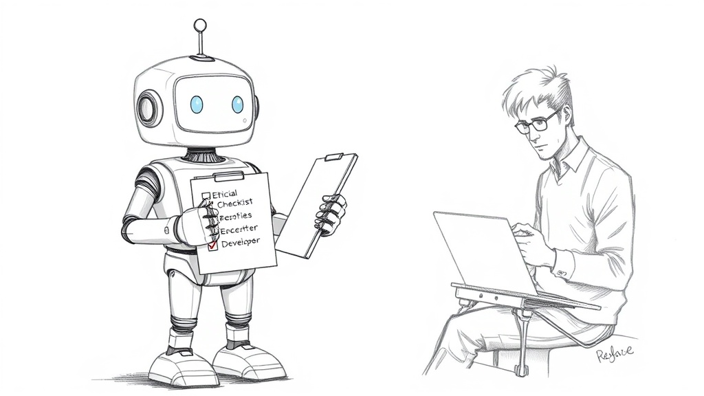робот с чек-листом этики рядом с разработчиком