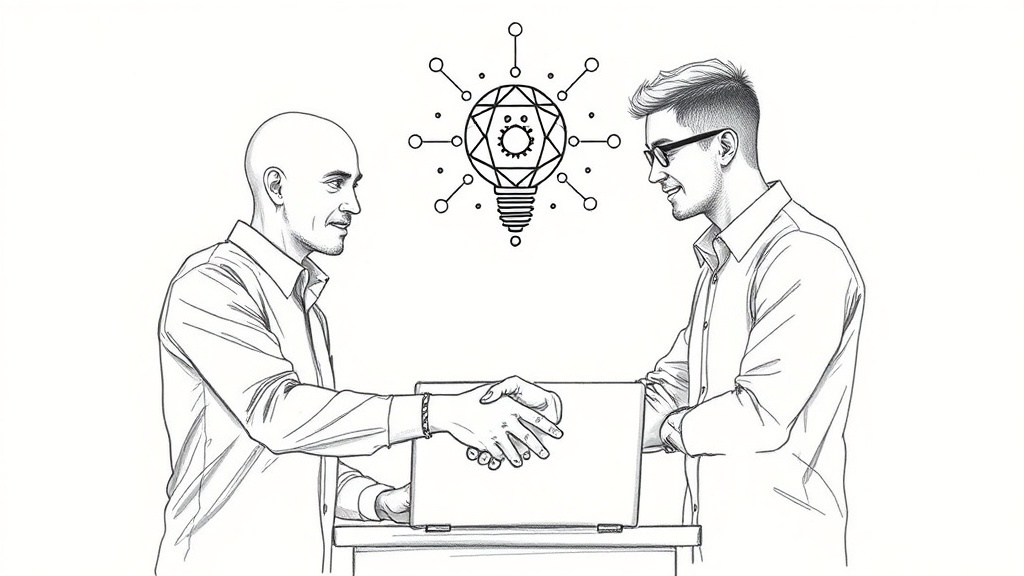 два разработчика жмут руки с AI