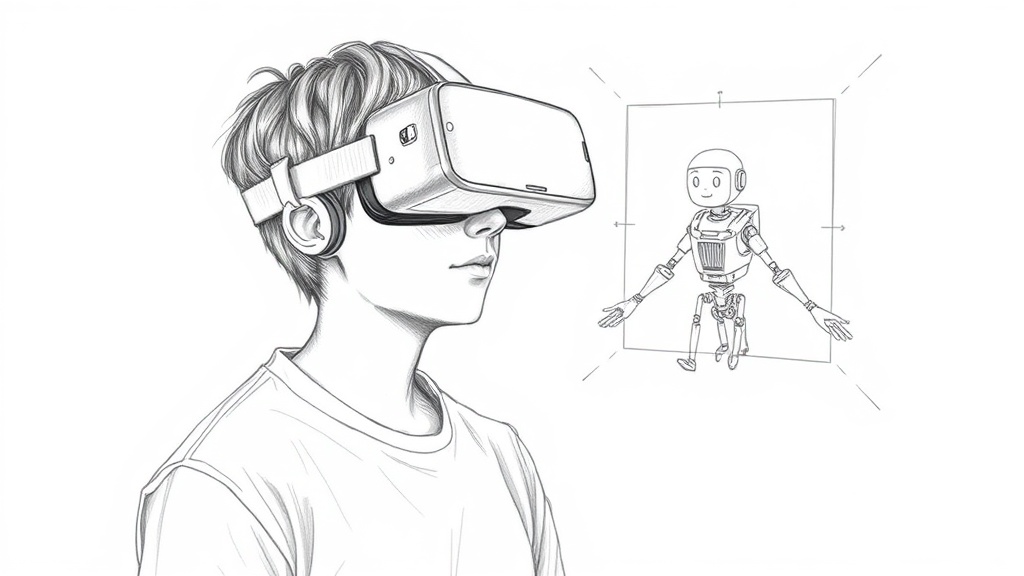 студент в VR учится с ИИ репетитором