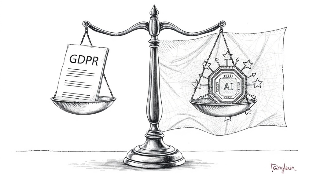 весы правосудия с GDPR и чипом ИИ