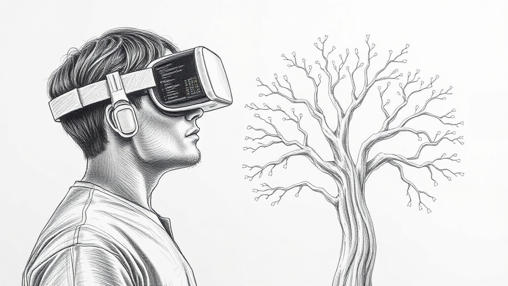 разработчик в VR исследует Git репозиторий